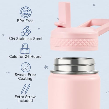 Fijinhom 12 oz Toddler Bottle, 2 Pack Kids Water Bottle for School Boys & Girls with Straws Lids, 304 Stainless Steel Vacuum Insulated Thermos, BPA-Free, Blue + Pink - color: AA.Blue & Pink