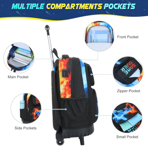 Scothen 3PCS Rolling Backpack for Boys, Cool Gamer Roller Backpack with Wheels, Kids Boy Wheeled Backpacks with Lunch Bag Pencil Case for Teens Bookbag Kindergarten Elementary Middle School - color: Red Blue Flame