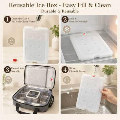 Snackle Box Container with Ice Pack, 304 Stainless Steel Snackle Box Set | 7-piece set, stainless steel, ice pack, insulated bag, fork & spoon, customizable divider system, flexible configuration