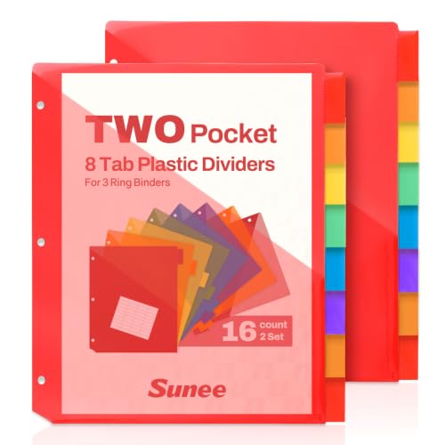 SUNEE 8 Tab Dividers with Pockets, Plastic Dividers for 3 Ring Binder, Subject Dividers with 2 Pockets, Binder Dividers for School Office Home Supplies, Multicolor, 2 Set - color: 6 Assorted Colors