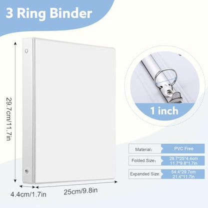 Thboxes 3 Ring Binder, 6 Pack 1 Inch Binder with 2 Interior Pockets & Clear View Overlay, Large Capacity, 1 Inch Binders 3 Ring, Round Ring Binders for Office, School, Home (White) - color: White