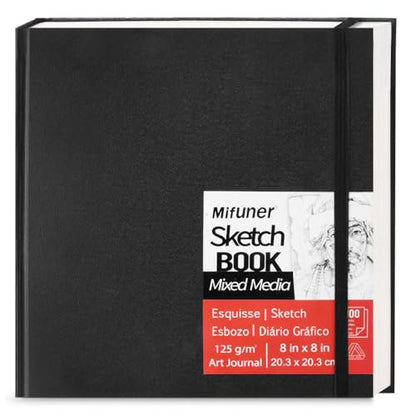 E-WEICHEN Mixed Media Sketch Pad, 8 x 8 inches 125 GSM (100 Sheets/200 Pages) Sketchbook for Drawing, Hardcover Mix Media Art Sketchbook for Wet and Dry Media,Painting,Drawing. 8X8 - color: 8x8in-Black