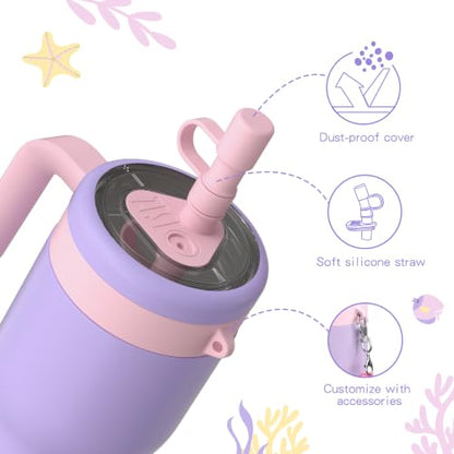 OISIZ 14oz Kids Tumbler with Straw Lid & Handle,Kids Cup with Animal Accessory for School,Kids Water Bottles with Dust-proof Cover,Leakproof Water Bottles,316 Stainless Steel,Keep Cold 24 Hours-purple - color: pearl purple