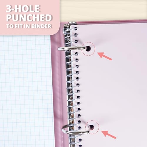 ONAVIA Pink 1 Subject Graph Paper Spiral Notebook 3 Pack, 200 Pages | 100 Sheets, 9 x 11 in, Waterproof Plastic Cover, Durable, 3-Hole Punched, Divider, Double-Sided Pocket - color: Pink