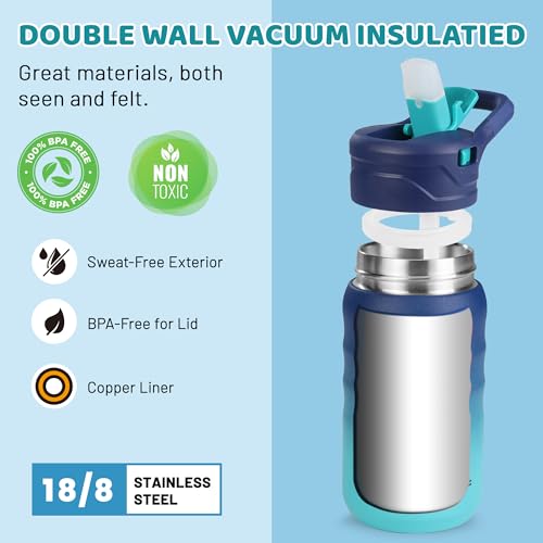 HAUSHOF Kids Water Bottle 12 oz BPA-free with Straw and Stickers, Stainless Steel Vacuum Double Wall Insulated cup with Leak Proof for school, Gift, Boys (Blue and Green) - color: Blue and Green(1 Pack)