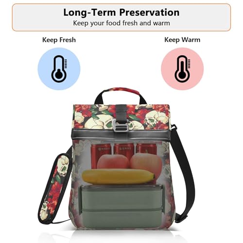 MNSRUU Insulated Lunch Bags Women Men, Skull and Flower Portable Reusable Thermal Meal Tote Cooler Bag Organizer, Adjustable Shoulder Strap, Handle - color: Skulls 007