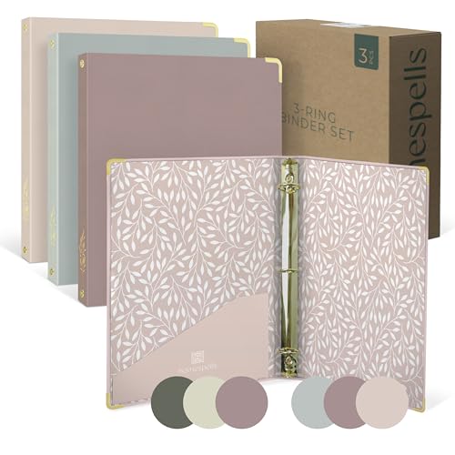 3 Ring Binder 1-Inch Rings – 3-Pack of Cute Binders with Pockets, Gold-Foil & Metal Corners – 1 Inch Binders 3 Ring Cute for School, Office & Work – 1" Pastel Three-Ring Binder One Inch - color: Pink, Rose, Muted Sage