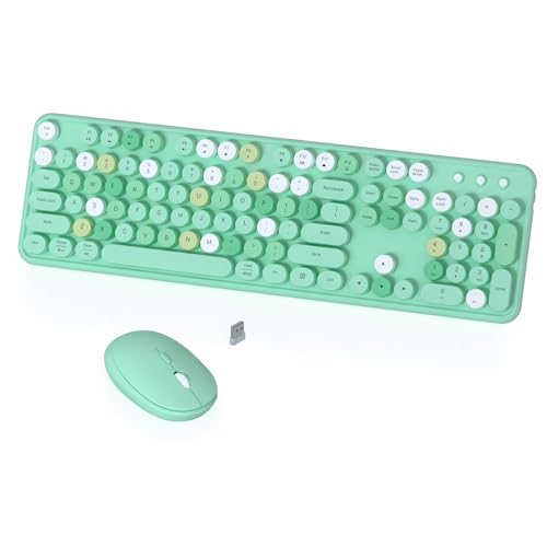 Colorful Wireless Keyboard and Mouse Combo, COVEVA 2.4GHz Wireless Retro Cute Round Keycaps Keyboard, 104 Keys Full-Sized Keyboard Mouse Set with Switch Button for PC Laptop Desktop (Green Colorful) - color: white-green color
