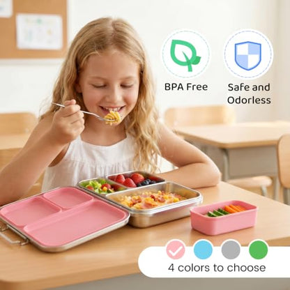 Pawtong Stainless Steel Bento Box for Kids and Adults, 3 Compartment Leakproof Lunch Box with Removable Silicone Seal and Silicone Contianer, Metal Lunch Container for School, Work and Travel (Pink) - color: Pink