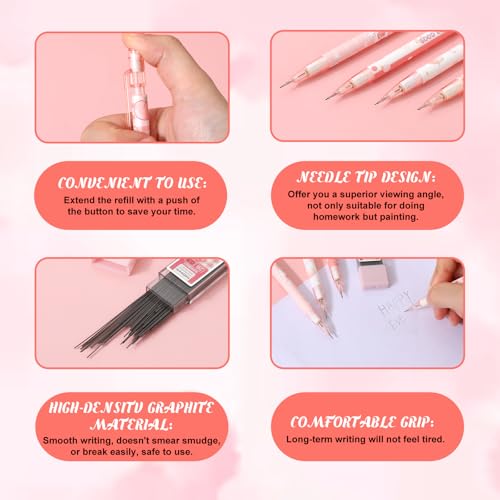 TIESOME Cute Pencil & Lead Refill Set, 4 Pcs Mechanical Pencil Cute, Peach 4 Mechanical Pencils Set for School, Office, Drawing and Gift (with 0.5mm Refills, Pink)
