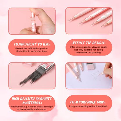 TIESOME Cute Pencil & Lead Refill Set, 4 Pcs Mechanical Pencil Cute, Peach 4 Mechanical Pencils Set for School, Office, Drawing and Gift (with 0.5mm Refills, Pink)