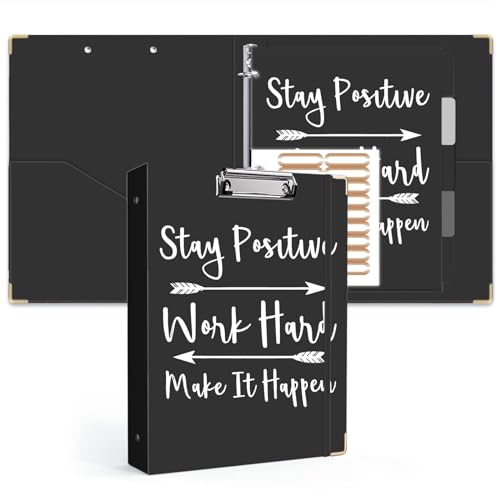 Lateefah 3 Ring Binder, 1 Inch Round Ring Binder with 5 Tab Dividers, Cute Clipboard Binders with 2 Pockets, Decorative Three Ring Binder for Women, School and Office Supplies - color: Black Stay Positive, size: 1'' Ring(Letter Size)