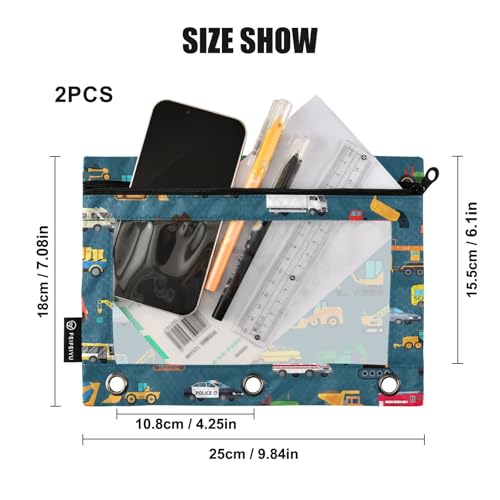 Car Childish Truck Pencil Pouch for 3 Ring Binder, Binder Pencil Pouches with Clear Window Zipper Pencil Case for Office College Supplies, 2PCS (B0305) - color: B0305