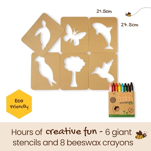 Honeysticks Kids Activity Set - 6 Large Stencils for Kids Plus Jumbo Non-Toxic Beeswax Crayons (8pk), Perfect First Stencils for Toddlers Preschool Art, Drawing and Coloring, Ideal Gifts for 3-5