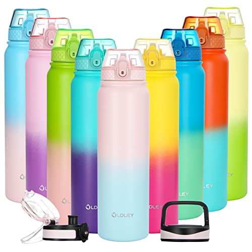 OLDLEY Insulated Water Bottle with Straw 32oz Stainless Steel Water Bottles with 3 lids Double-Wall Vacuum Thermal for Kids Adults School Sports,Pink-Blue - color: Pink-Blue, size: 32 Ounces
