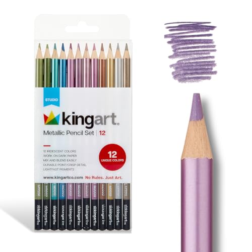 KINGART Metallic 12 Ct. Colored Pencil Set, 12 Shiny Colors for Light & Dark Surfaces, Pre-Sharpened, Durable for Sketching & Drawing, Coloring Books and Mixed Media Art Projects, All Ages - color: Metallic