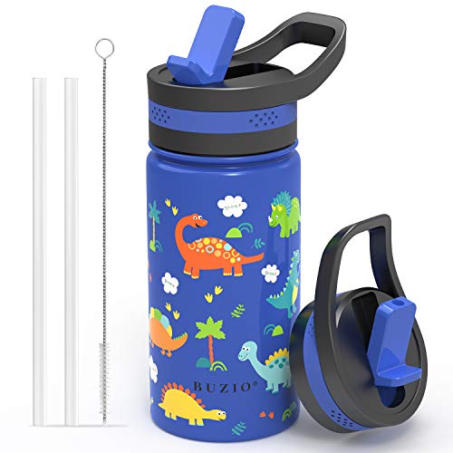 14oz Kids Insulated Water Bottle with 2 Tritan Straw Lids, BUZIO Toddlers Stainless Steel Bottle, Double Walled Wide Mouth Sports Drink Flask Simple Thermo Canteen Cup, with Blue Dinosaur Park - color: Blue Dinosaur Park