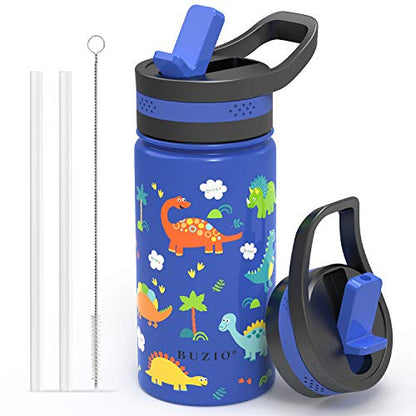 14oz Kids Insulated Water Bottle with 2 Tritan Straw Lids, BUZIO Toddlers Stainless Steel Bottle, Double Walled Wide Mouth Sports Drink Flask Simple Thermo Canteen Cup, with Blue Dinosaur Park - color: Blue Dinosaur Park