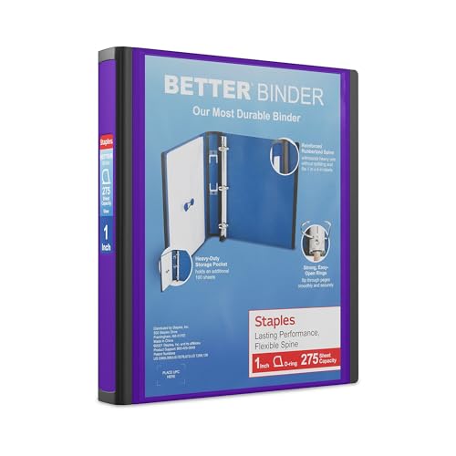 Staples 1-Inch 3-Ring Better Binder, Durable View Binder for Office & School Organization, Purple, 3-Pack - color: Purple, size: 1-Inch, style: 3 Pack