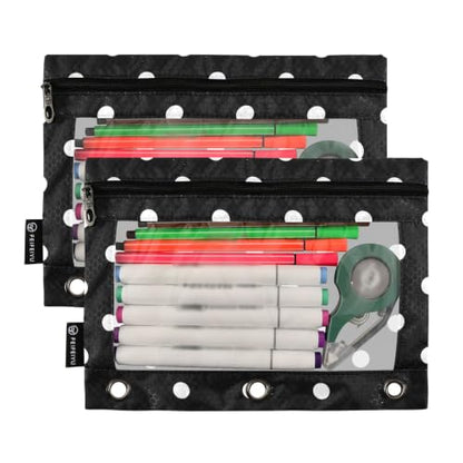 Binder Pencil Pouch for 3 Ring Binder Pencil Case Bags Black Polka Dots with Zipper Clear Window 2 Pack - color: Black Polka Dots