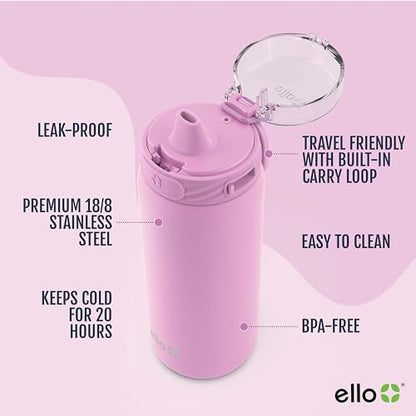 Ello Cooper 18oz Kids Stainless Steel Water Bottle with Straw and Carry Handle, Double Walled and Vacuum Insulated Metal, Leak Proof Locking Lid with Soft Silicone Spout, Reusable, BPA Free, Bubblegum - color: Bubblegum, size: 18 Ounces