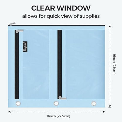SKYDUE Binder Pencil Pouch for 3 Ring Binder, 3 Compartment Zipper Case, Large Capacity Pen Organizer with Clear PVC Window for School Supplies, Students, Kids & Teachers - color: Skyblue