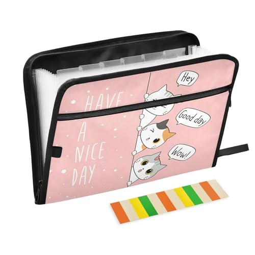 Kawaii Cats Pink Expanding File Folder with Sticky Labels, 13 Pockets Accordion File Folder Document Organizer Expandable Zip File Folder with Zipper Closure - color: Kawaii Cats Pink