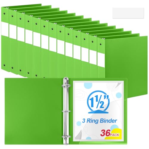 Henoyso 36 Pcs Tender Green 1.5 Inch 3 Ring Plastic Binder Bulk, 1 1/2 Inch Soft Flexible Binders Three Round Rings Fit 8.5x11 Papers for School Office Home File Organization Supplies - color: Tender Green
