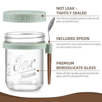 LANDNEOO 4 Pack Overnight Oats Containers with Lids and Spoons, 16 oz Glass Mason Jars with Airtight Lids, Overnight Oats Jars for Milk, Cereal, Fruit-Green - color: Green