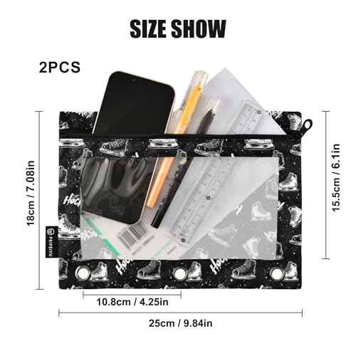 Black Hockey Player Binder Pouches 3 Ring for Boys Girls School Office College Supplies Slapshot Sports Ice Ball Pencil Pouches Case Bag with Clear Window and Zipper 2 Pack - color: Black Hockey