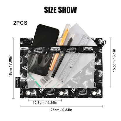 Black Hockey Player Binder Pouches 3 Ring for Boys Girls School Office College Supplies Slapshot Sports Ice Ball Pencil Pouches Case Bag with Clear Window and Zipper 2 Pack - color: Black Hockey