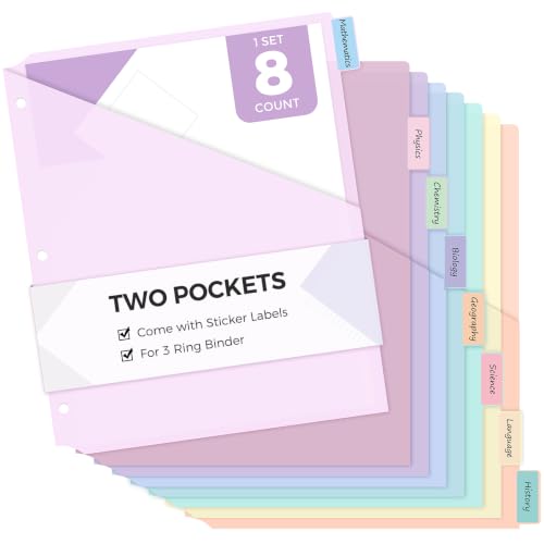 SKYDUE Binder Dividers with Pockets, 8 Tab Dividers for 3 Ring Binder, Letter Size Plastic Pocket Dividers with Writable Labels, Binder Organizer for School, Office, Home - color: Purple, size: 1 SET