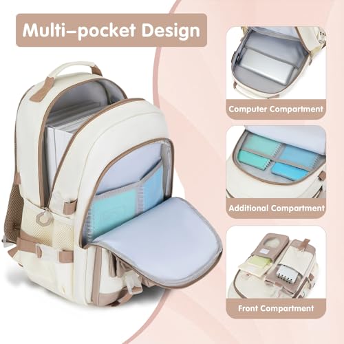 ACESAK Girls Backpack - Bento Box with Insulated Lunch Bag Pencil Case & Utensils Set for Kids, 6 Leakproof Compartments Removable Tray Lunches or Snack Container for School (Khaki Beige) - color: Khaki Beige