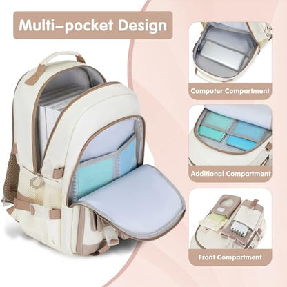 ACESAK Girls Backpack - Bento Box with Insulated Lunch Bag Pencil Case & Utensils Set for Kids, 6 Leakproof Compartments Removable Tray Lunches or Snack Container for School (Khaki Beige) - color: Khaki Beige