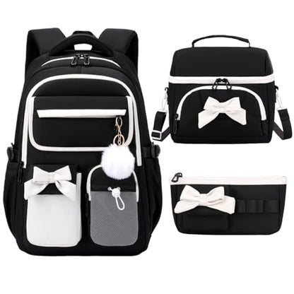 Girls School Backpack with Lunch Box Pencil Case Set, Cute Middle School Bag Teen Girls Backpack Bookbag for Kids, 3pcs Black - color: 3pcs Black