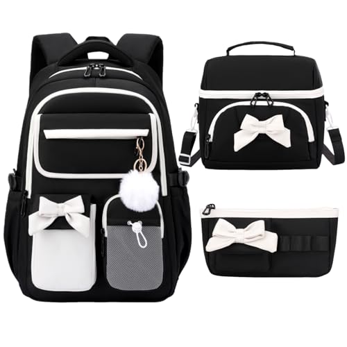 Girls School Backpack with Lunch Box Pencil Case Set, Cute Middle School Bag Teen Girls Backpack Bookbag for Kids, 3pcs Black - color: 3pcs Black
