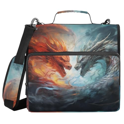 3 Ring Binder Zipper Binders Water-fire Dragons Expanding File Folder Bag with Shoulder Strap - color: Red