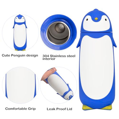 Penguin Insulated Water Bottle - Stainless Steel Vacuum Double Walled Bottle Flask Travel Mug for Kids, Students, 9.6oz, Blue - color: Blue