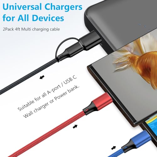 Puxnoin Multi Charging Cable 5 in 1, 2Pack 4FT USB C Multi Charger Cable Universal Multiple Charging Cord with USB C/Micro USB Connectors for Most Cell Phone, Tablets (Charging Only)