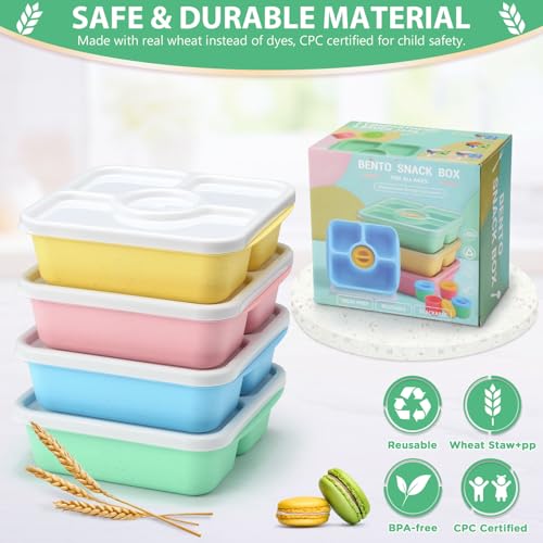 QQKO Bento Snack Box Containers for Adults Kids, 4 Pack Lunchable Meal Prep Containers Reusable, Stackable Bento Lunch Box, Food Storage Prep Containers with 4 Sauce Cups, Pastel Color, White Lid - color: Pastel, White Lid
