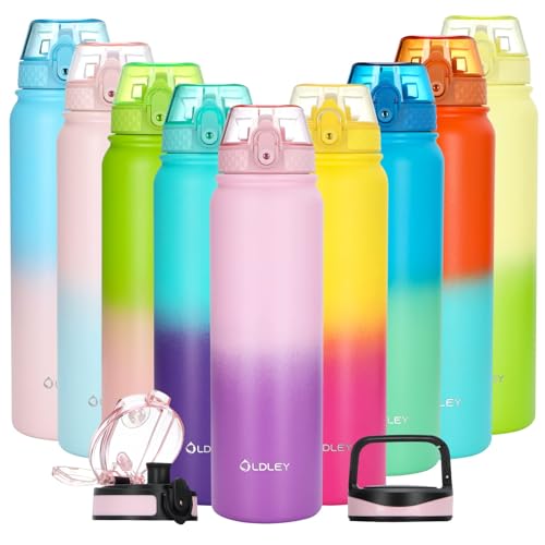 Oldley Insulated Water Bottle with Straw 32oz Stainless Steel Water Bottles with 3 lids Double-Wall Vacuum Thermal for Kids Adults School Sports,Ombre Pink-Purple - color: A-Pink&Purple, size: 32 Ounces