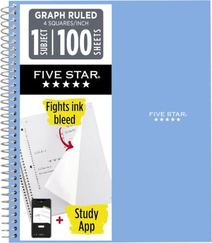 Five Star Spiral Notebook + Study App, 1 Subject, Graph Ruled Paper, 8-1/2" x 11", 100 Sheets, Fights Ink Bleed, Water Resistant Cover, Tidewater Blue (06190AA4), (Pack of 12) - color: Blue, size: Pack of 12