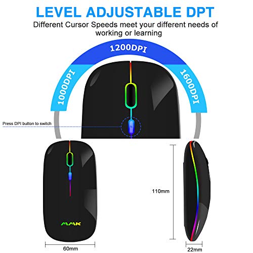 Wireless Bluetooth Mouse for Laptop, Rechargeable Mouse 2.4G USB Optical Wireless Mouse, LED Slim Dual Mode(Bluetooth 5.0 and 2.4G) Wireless for Laptop, PC, Mac OS, Android, Windows (Black) - color: Black