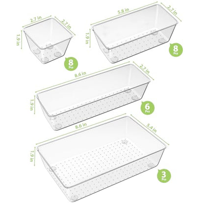 25 Piece Clear Drawer Organizer Set, 4 Sizes Bathroom Vanity Organizer Trays and Storage Bins for Makeup, Cosmetics, Jewelry, and Gadgets. Perfect for Office, Kitchen, Bedroom, Bathroom Use. - size: 25pcs-4size