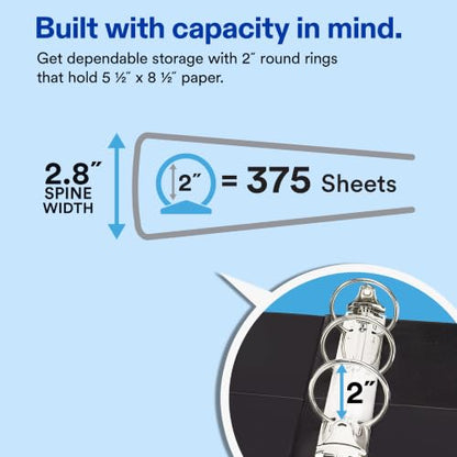 Avery Mini 3 Ring Binder, Holds 5.5" x 8.5" Paper, 2" Round Rings, 375-Sheet Capacity, 2.8 Inch Wide Spine, Label Holder, 1 Black Binder, Great for Home, Office, School Supplies, and More (27554) - size: 2"