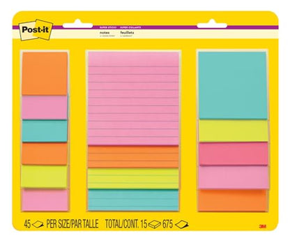 Post-it Super Sticky Notes, Multi-Size, Supernova Neons, 15 Lined Pads | School Supplies and Oﬃce Supplies, 2X the Sticking Power - size: 1 Pack