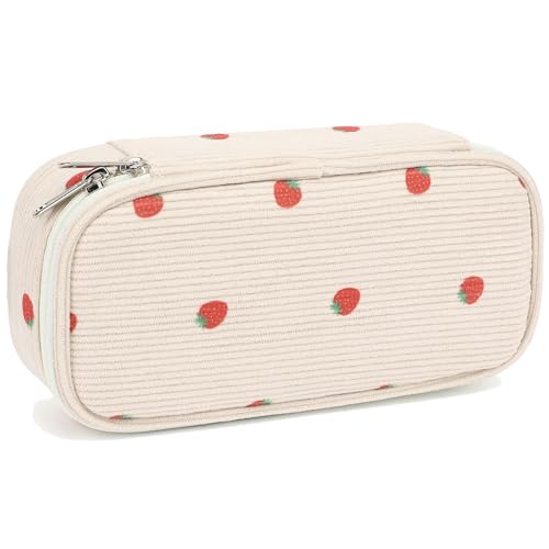 FlowFly Large Capacity Pencil Case for Kids, Boys & Girls – Zippered Multi-Functional Pen Pouch, Soft & Portable Pencil Bag for School, Teens, Students, Corduroy Strawberries Beige - color: Corduroy Strawberries Beige