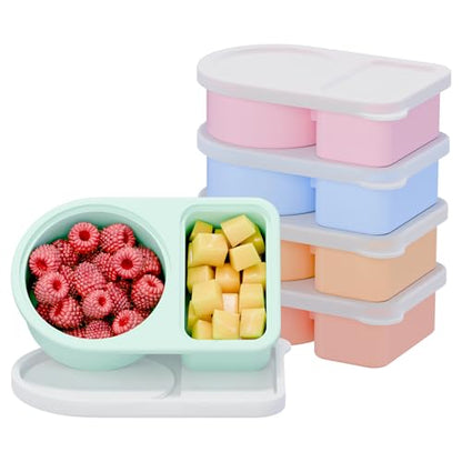 5 Pack Silicone Snack Containers with Lids, Reusable Snackle Box, 8 oz | 2 Compartments, Rainbow
