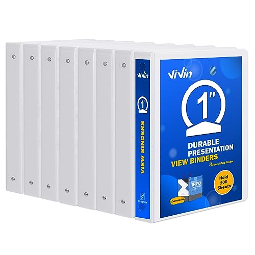 3 Ring Binder 1 Inch, ViVin Sturdy 1"-Round Ring Binder with 2 Interior Pockets, Clear View Cover, PVC-Free, Fits 200 Sheets of 8.5'' x 11'' Paper, Office Home School (8 Pack, White) - color: White, size: 1 Inch, style: 8 Pack