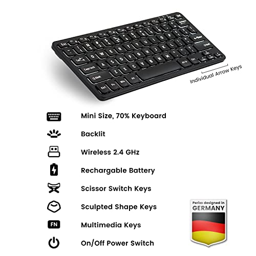 Perixx PERIBOARD-732B Wireless Backlit Mini Keyboard - X Type Scissor Keys - White Backlit - US English,Black,11950 - style: Wireless Backlit